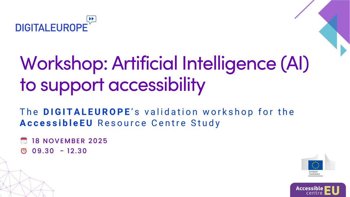 DIGITALEUROPE's tweet image. How can we make accessibility a standard practice across European companies, not an afterthought?

Join us on 18 Nov 2025 for the #AccessibleEU Workshop, where organisations, experts and practitioners will exchange experiences and discuss what practical support is needed to…