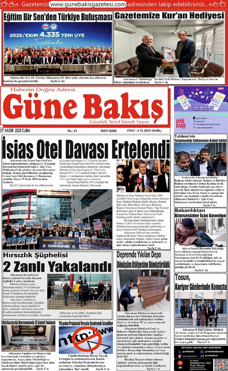 07 Kasım 2025 tarihli
Güne Bakış Gazetesi

Gazetemizin tamamını okumak için satın alabilir, abone olabilir veya gazetemizin web sitesinde tüm sayfalarını orijinal haliyle okuyabilirsiniz...
Güne Bakış Gazetesi Arşivi İçin Tıklayınız
👇
gunebakisgazetesi.com/arsiv
#gazete #adıyaman