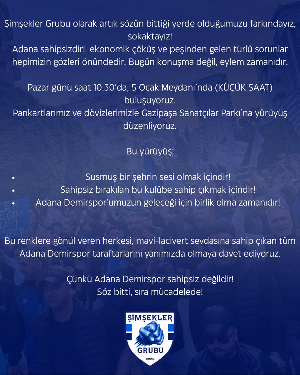 adspoyraz's tweet photo. Yıllarca uğrunda mücadele verdiğimiz takımımız karanlığa gömülüyor ADANA DEMİRSPORU SEVEN herkesi Pazar günü yürüyüşe bekliyoruz sen yoksan 1 kişi eksiğiz 
#AdanaDemirsporYürüyüşü https://t.co/EG0JVeXWsy