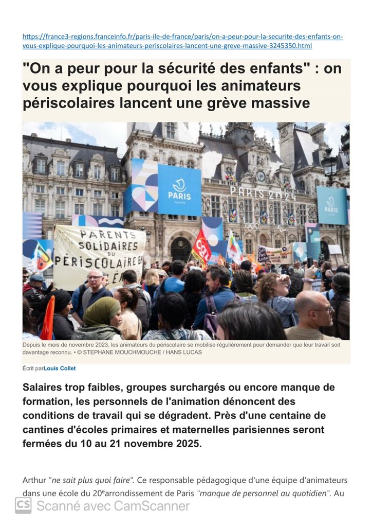 supapfsuanim's tweet photo. Article sur @France3Paris  sur la grève des animateurs et directeurs périscolaires.
Du 10 au 21 novembre : tous en grève, on ferme les cantines !
✊ Pour une vraie revalo : catégorie A pour les directeurs, Prime IFSE , Prime REP/REP+ pour les animateurs
#GrèvePériscolaire #Paris https://t.co/Z8KLUguBLI