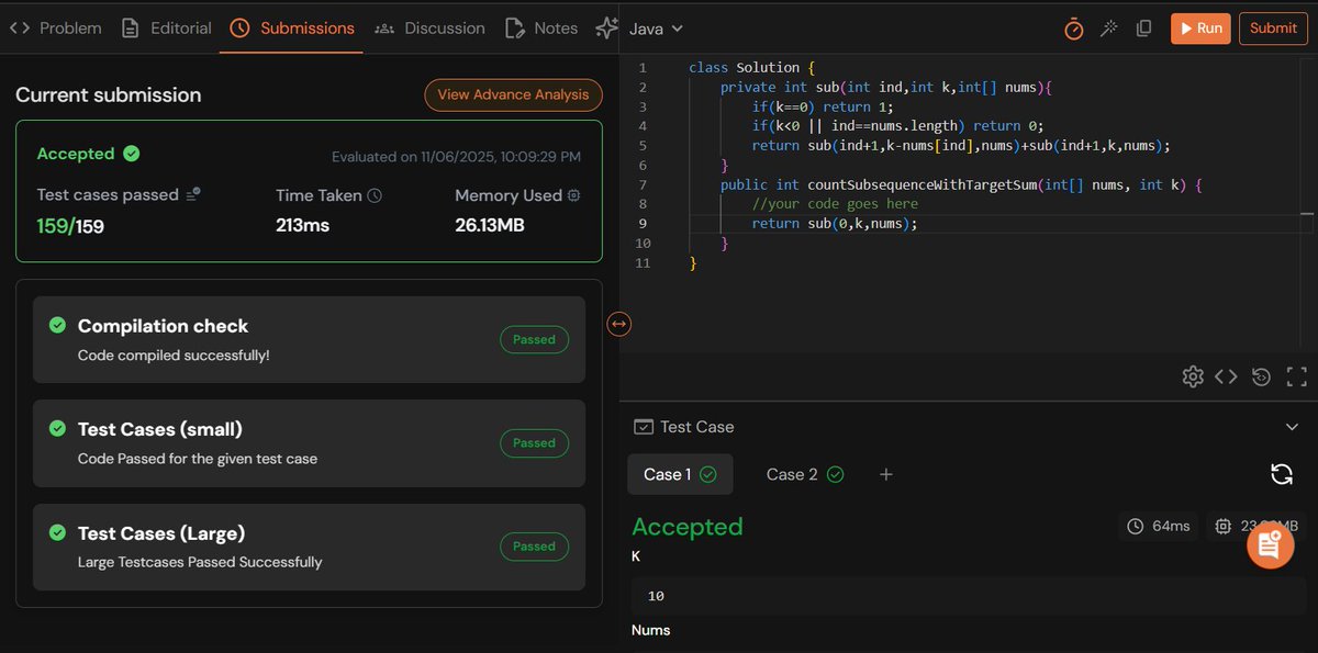 rajeshboya89's tweet image. Day 25 – #TUFWinterArc ❄️

Solved Count subsequences with sum K 🎯
Good practice for recursion + counting logic! 

@takeUforward_  @striver_79 
#TakeUForward #TUF #DSA #Coding