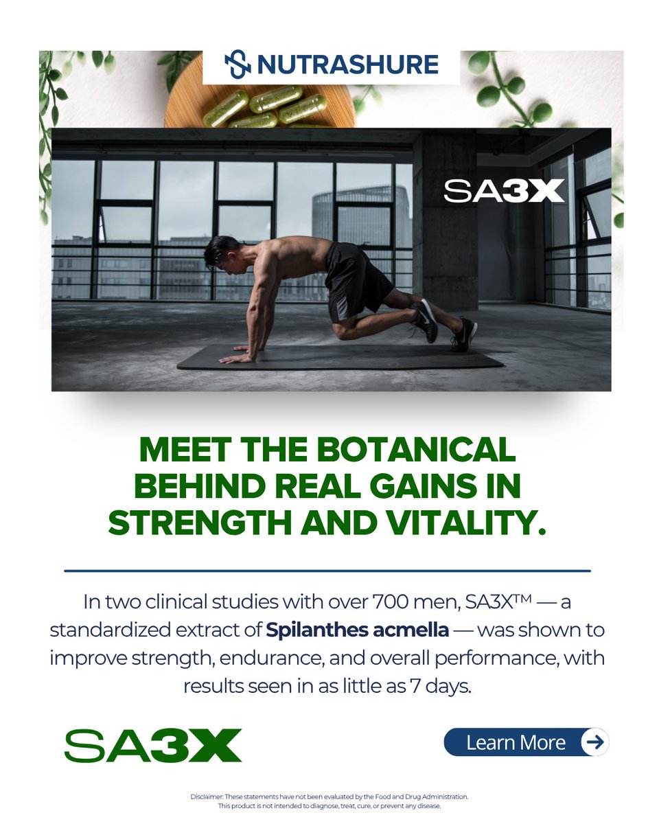 nutrashure's tweet photo. SA3X™ | Strength. Endurance. Vitality.
Derived from Spilanthes acmella, SA3X™ is a clinically studied botanical shown to support natural testosterone levels, enhance muscle strength, and improve overall performance — with measurable results in as little as 7 days. https://t.co/56E4d0A0tX