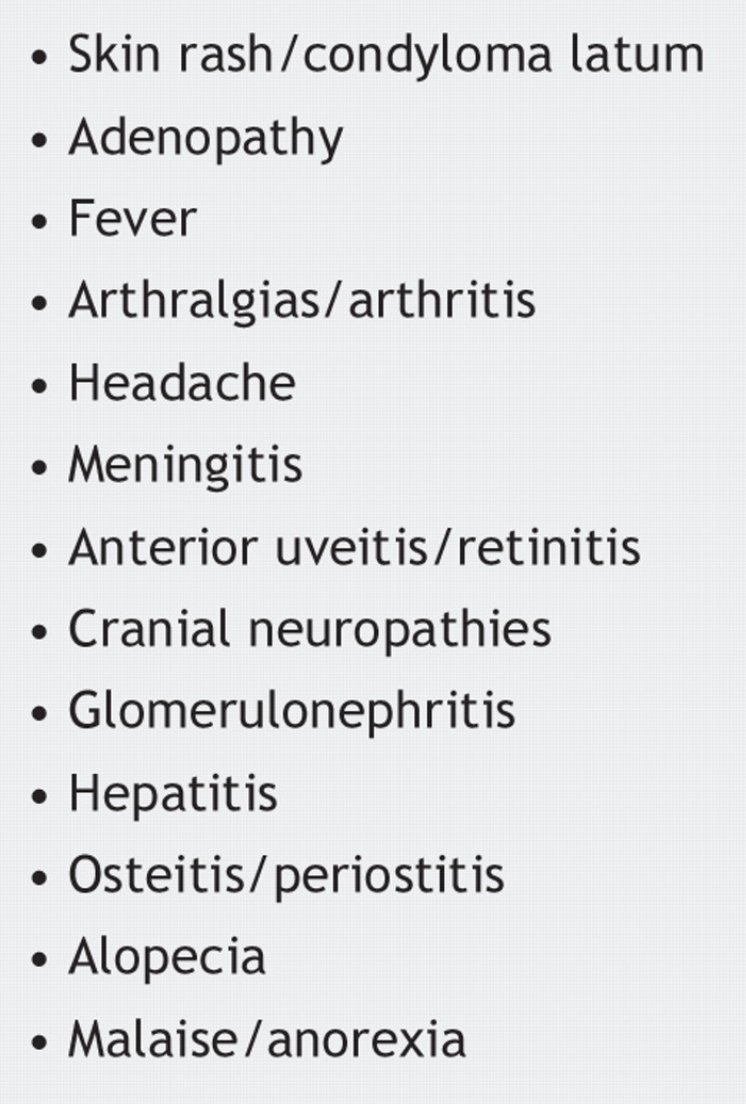 USMLEStepStudy's tweet image. Secondary syphilis - s/s: rash, lymphadenopathy, fever, malaise, hepatitis (cholestatic pattern), high alkaline phosphatase, membranous nephropathy (immune complex deposition); Dx: T. pallidum hemagglutination assay, fluorescent treponemal antibody absorption test, RPR, VDRL