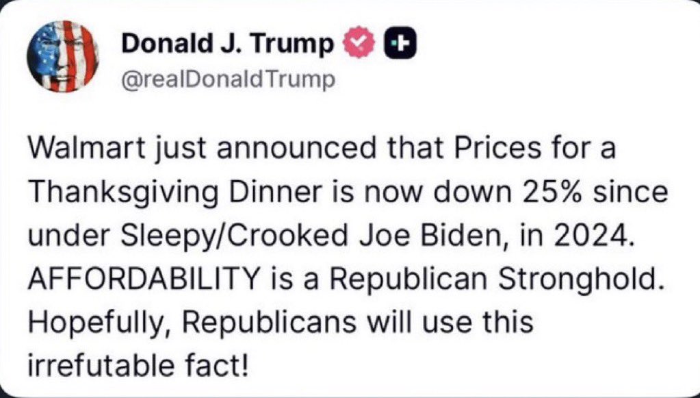 Stell dir vor, der amerikanische Präsident schreibt, dass der Warenkorb für das Thanksgiving Dinner 25% günstiger geworden ist und seine Fans feiern ihn dafür.
Und die Community zeigt dann auf, dass der Warenkorb nur noch 15 statt 21 Teile enthält und Markenprodukte durch No-Name