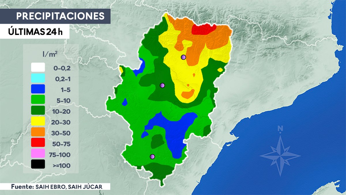 En las últimas 24 horas las #precipitaciones han llegado a todo #Aragón y abundantes en el #Pirineo del Sobrarbe hasta 83 l/m2 en el #ValledePineta, pero tb en el #ValledelEbro destacan los 40 l/m2 en #LaAlmolda
<a href="/EMAsSobrarbe/">EMAs Sobrarbe</a> <a href="/AEMET_Aragon/">AEMET_Aragón</a> <a href="/saihebrocpc/">saihebro-cpc</a> <a href="/CHJucar/">Confederación Hidrográfica del Júcar</a> <a href="/ibericam/">Ibericam</a>