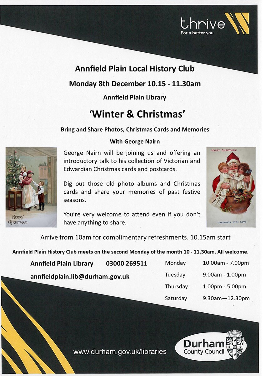 DurhamLibraries's tweet image. Come and start off your Christmas celebrations with Annfield Plain Local History Club!
Bring photos, Christmas cards and memories from the local area to Annfield Plain Library on Monday 8th December between 10:00 and 11:30am and share some history with us!