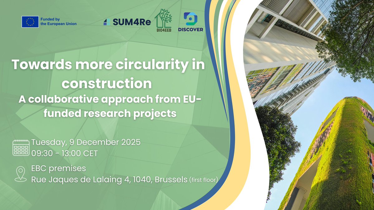 Don’t miss EBC’s workshop on 9 Dec ! 🏗️
Explore how <a href="/SUM4Re_EU/">SUM4Re</a>, <a href="/BIO4EEB/">BIO4EEB</a>  &amp; DISCOVER contribute to circular construction through cross-project collaboration. Learn, share, and connect.

📝 Register here: lnkd.in/gmJ83jmA
Read more : shorturl.at/sIUQw