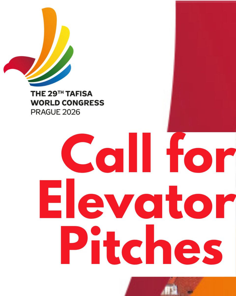 TafisaOffice's tweet photo. Call for Elevator Pitches – TAFISA World Congress 2025!

We're inviting you to submit applications to deliver a 3-minute elevator pitch at our World Congress in Prague.

Ready to share your story?
Submit your application now! - 
https://t.co/hTEDtfaxLA

#TAFISA #SportforAll https://t.co/NahbPGBLM9