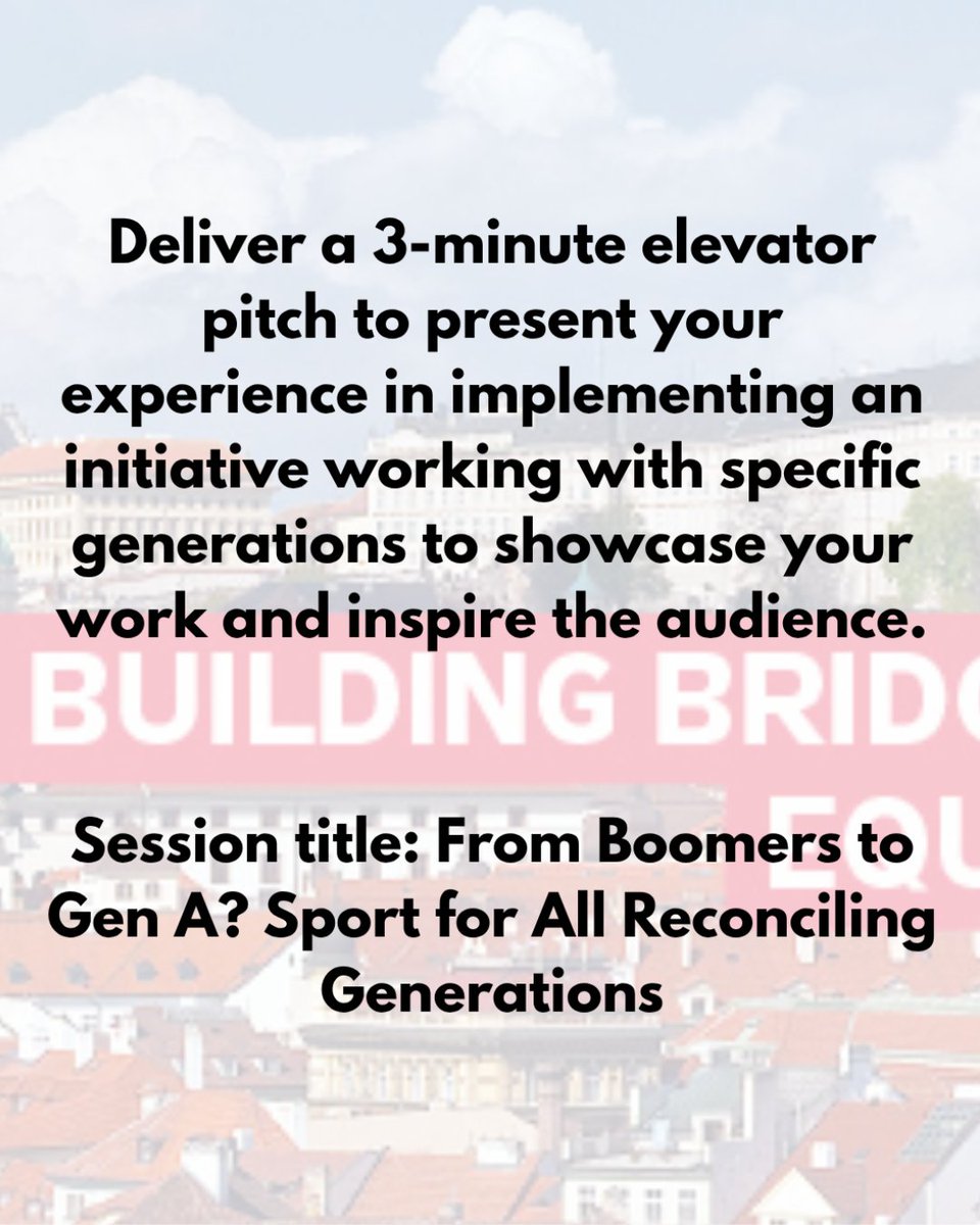 TafisaOffice's tweet photo. Call for Elevator Pitches – TAFISA World Congress 2025!

We're inviting you to submit applications to deliver a 3-minute elevator pitch at our World Congress in Prague.

Ready to share your story?
Submit your application now! - 
https://t.co/hTEDtfaxLA

#TAFISA #SportforAll https://t.co/NahbPGBLM9