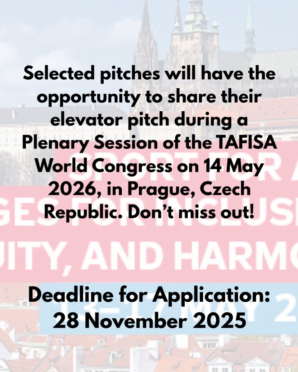 TafisaOffice's tweet photo. Call for Elevator Pitches – TAFISA World Congress 2025!

We're inviting you to submit applications to deliver a 3-minute elevator pitch at our World Congress in Prague.

Ready to share your story?
Submit your application now! - 
https://t.co/hTEDtfaxLA

#TAFISA #SportforAll https://t.co/NahbPGBLM9