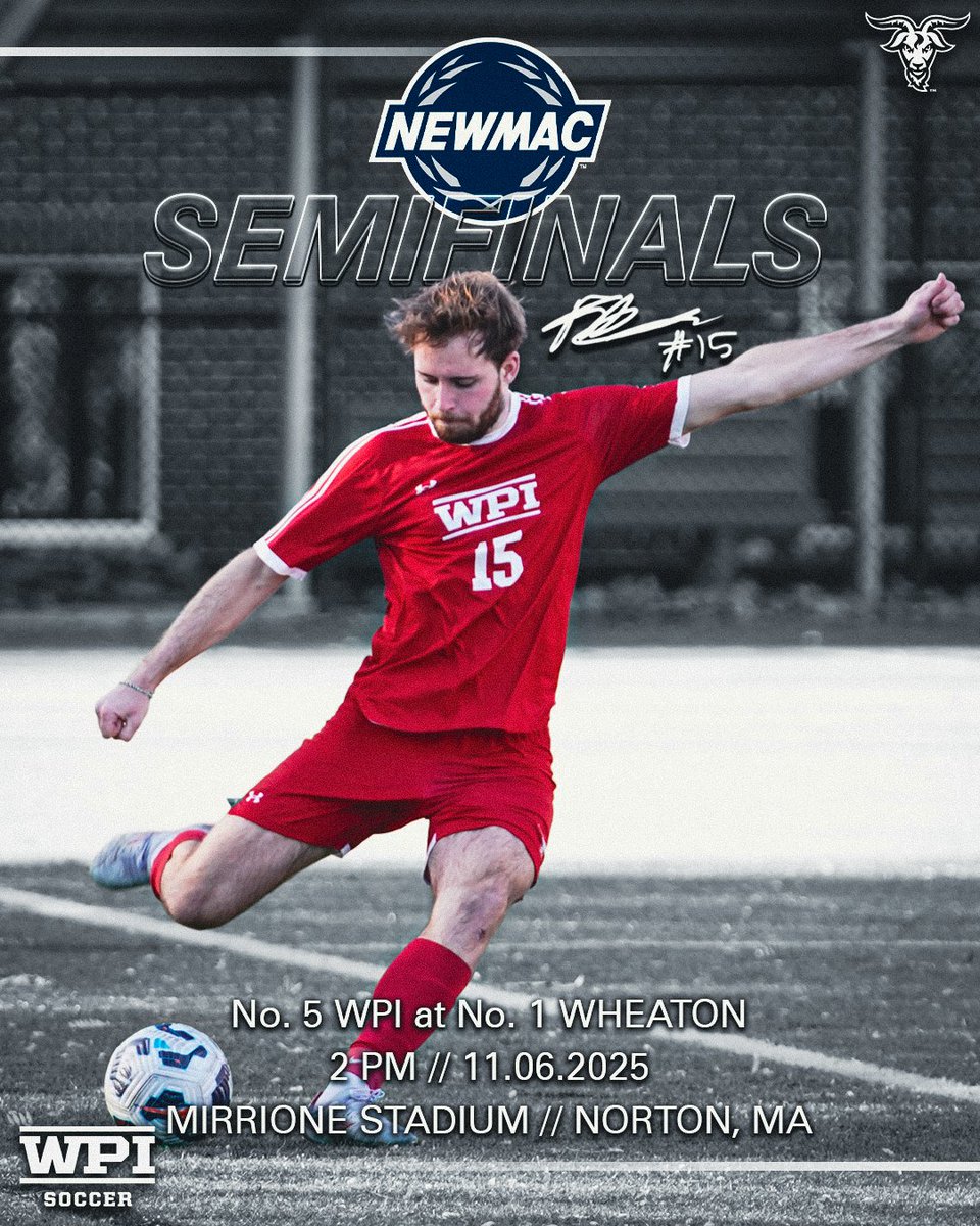 WPIAthletics's tweet photo. gameday.

No. 5 @WPIMSoccer heads to Norton to take on No. 1 Wheaton in the @NEWMACsports Semifinal scheduled for 2pm! 

Tune in ⬇️
📺-https://t.co/fGYufwxaSk
📊-https://t.co/EmY13jRuBI
🎟️-https://t.co/LhIvJMPZpO

⚽️x🐐
#GoatNation #d3soccer https://t.co/UXMvR7GSOS
