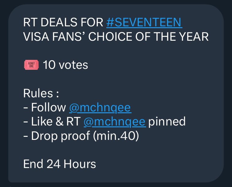 hnniehey's tweet image. RT DEALS FOR #SEVENTEEN #2025MAMAVOTE
VISA FANS’ CHOICE OF THE YEAR

🎟️ 10 votes

Rules : 
- Follow @mchnqee
- Like &amp;amp; RT @mchnqee pinned
- Drop proof (min.40)

End 24 Hours