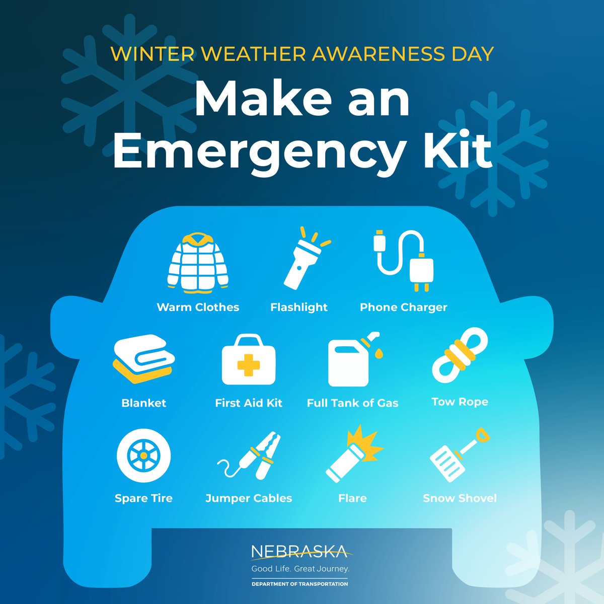 It’s Winter Weather Awareness Day! Start preparing your emergency kit for your vehicle. And if you haven’t already, take time to download the NE 511 app, available via the App Store for iPhones or Google Play Store for Android phones.