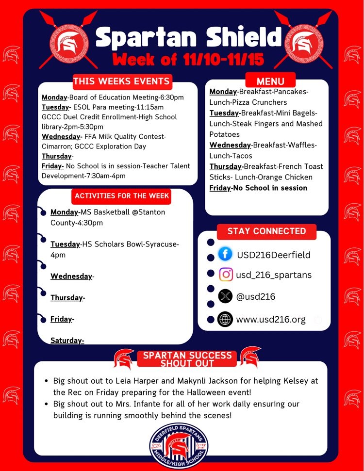 HS/MS Spartan Shield weekly update for 11/10-11/15. 

Just a reminder that school is in session tomorrow 11/7/25.