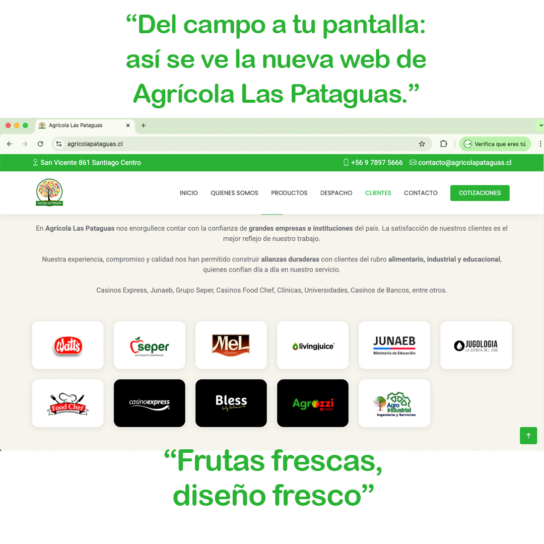 estudio27cl's tweet photo. En Estudio 27 nos encanta ver cómo las pymes chilenas crecen y dan el paso al mundo digital 🌱💻
Por eso creamos la nueva página web de Agrícola Las Pataguas, https://t.co/ug9bQIe6cX una empresa familiar que lleva frutas y verduras frescas a distintos rincones del país 🚛❄️ https://t.co/22PHR57anF