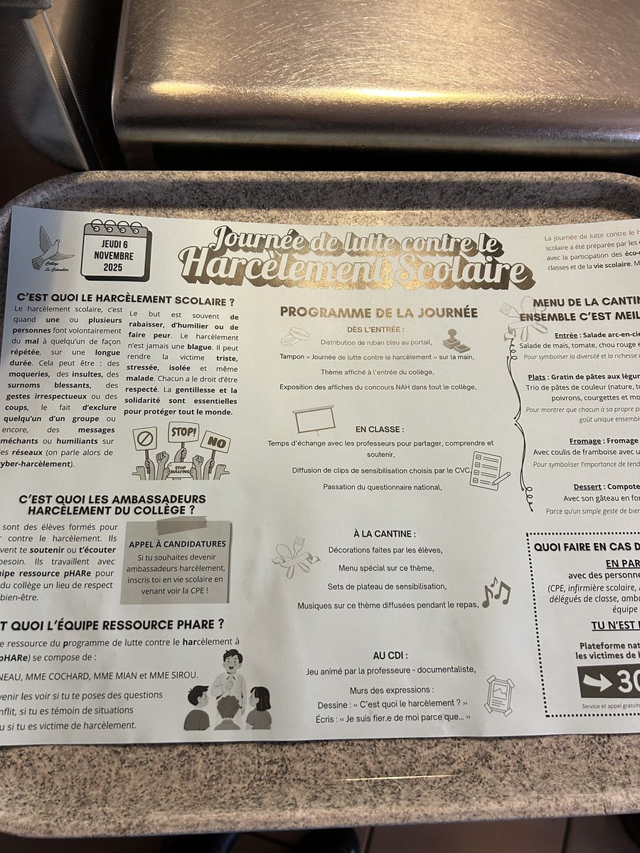 dsden18's tweet photo. #NonAuHarcèlement Journée de lutte contre le harcèlement scolaire au collège Le Colombier de Dun sur Auron
Mme l’IA-DASEN a découvert quelques actions mises en place tout au long de cette journée :
➡️ réalisation d’un set de table
➡️ mise à disposition d’un mur d’expression https://t.co/Rmn7J6Xz3A