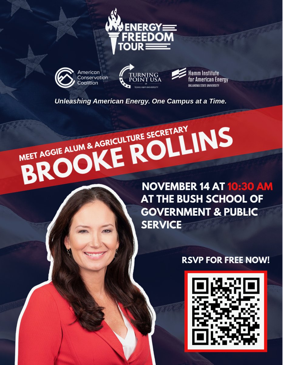 stephenperkins's tweet image. ATTN: Aggies! 👍 On Friday, November 14th, we are bringing Secretary of Agriculture, Brooke L. Rollins, to campus for the third stop of our Energy Freedom Tour!

RSVP link in the replies ⤵️