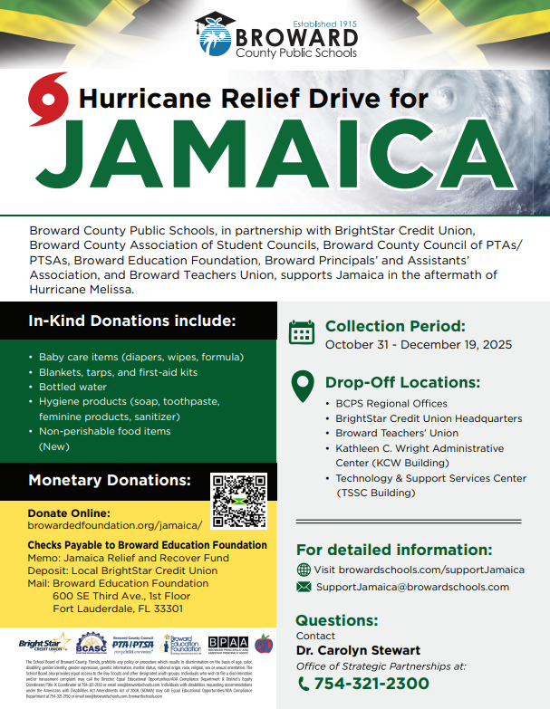 BCPS and partners are helping Jamaica recover from Hurricane Melissa’s devastation. Join us, along with our community, in this vital relief effort.

💚 Donate or drop off supplies by Dec. 19, 2025
👉 browardschools.com/supportjamaica

🎥 Special Message: eduvision.tv/l?mmeOORRS