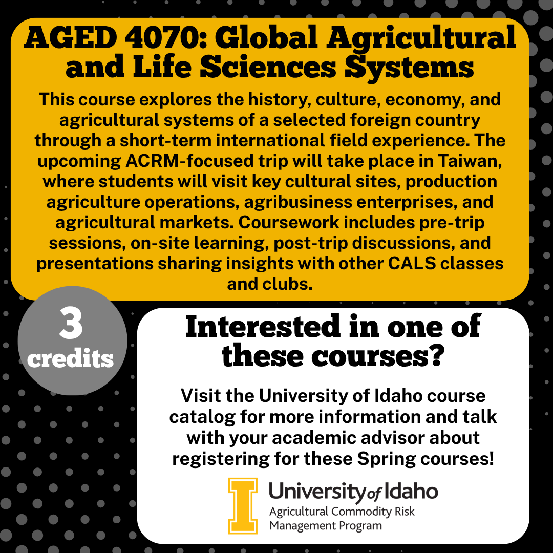 As Spring course registration draws near, be sure to check out these Agricultural Commodity Risk Management focused courses! From hands-on trading, to policy discovery, to international experiences, there are countless opportunities to expand your risk-management experience.
