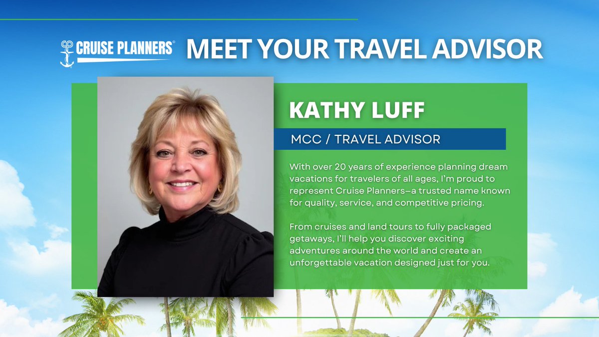 _CruisePlan's tweet photo. 🌍 With 20+ years of experience, Kathy Luff with Cruise Planners makes every #trip unforgettable! From #cruises to land tours, enjoy great pricing &amp; personalized service. ✈️Contact Kathy today to plan your next adventure!

#CruisePlanner #VacationPlanner #TravelAdvisor https://t.co/sXHo4nwZEL