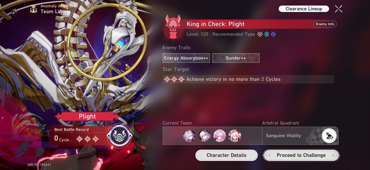 SubaJoshi's tweet image. Heyo, King in Check: Plight 0 cycle just done! Full premium Castorice team (Cast e6s5/Ever e6s1/Cyrene e6s5/Hyacine e6e1) - No knights cleared with video proof (no sound sry) #Cyrene #AnomalyArbitration #hsr