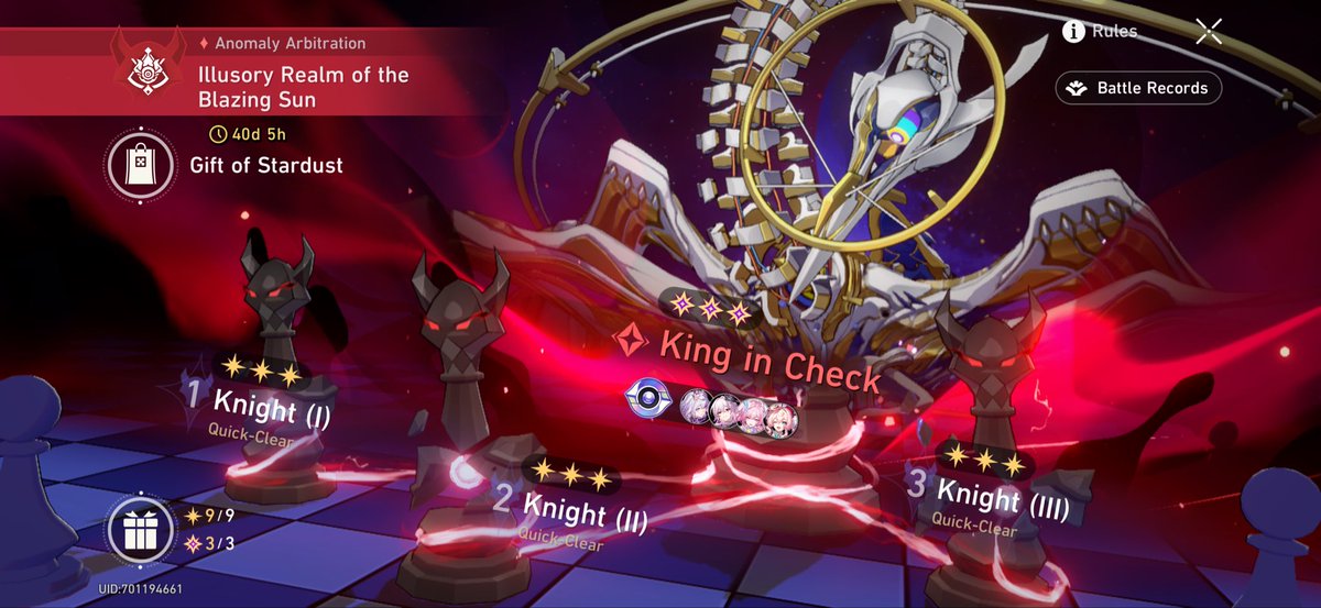 SubaJoshi's tweet image. Heyo, King in Check: Plight 0 cycle just done! Full premium Castorice team (Cast e6s5/Ever e6s1/Cyrene e6s5/Hyacine e6e1) - No knights cleared with video proof (no sound sry) #Cyrene #AnomalyArbitration #hsr