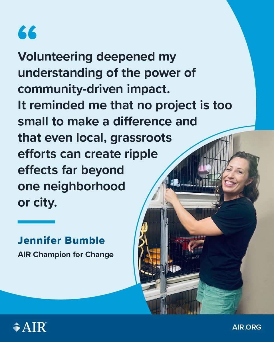 AIRInforms's tweet image. 🌍 Meet AIR Champions for Change—staff making a difference from Baltimore to Topeka! 🐾🎨

From local service projects to creative mentoring and cat rescue, Kelly, Jessie, and Jennifer show how small acts spark big impact.

View the honorees: air.org/meet-airs-cham…