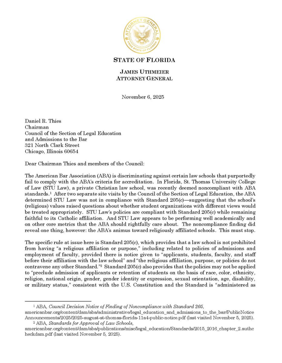 AGJamesUthmeier's tweet image. The American Bar Association recently suggested that St. Thomas University College of Law was not in compliance due to the school&apos;s Christian values.

The ABA may dislike Christian values, but it cannot withhold accreditation to coerce schools to adopt its repugnant policies.
