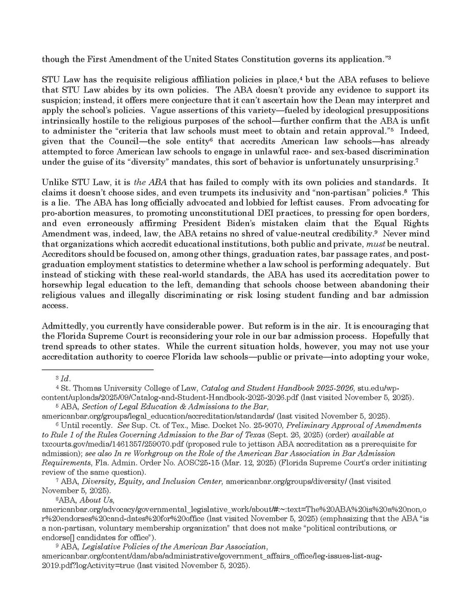 AGJamesUthmeier's tweet image. The American Bar Association recently suggested that St. Thomas University College of Law was not in compliance due to the school&apos;s Christian values.

The ABA may dislike Christian values, but it cannot withhold accreditation to coerce schools to adopt its repugnant policies.