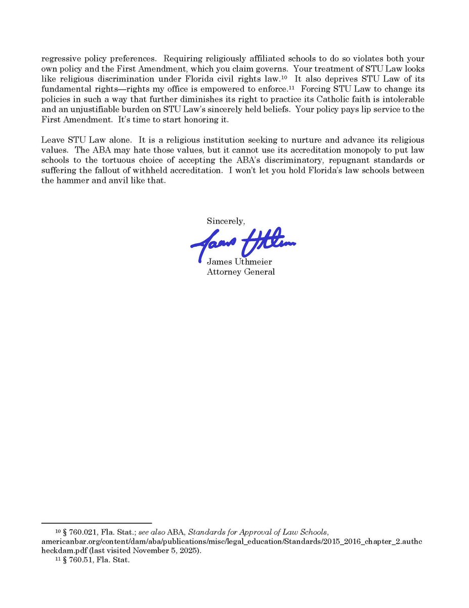 AGJamesUthmeier's tweet image. The American Bar Association recently suggested that St. Thomas University College of Law was not in compliance due to the school&apos;s Christian values.

The ABA may dislike Christian values, but it cannot withhold accreditation to coerce schools to adopt its repugnant policies.