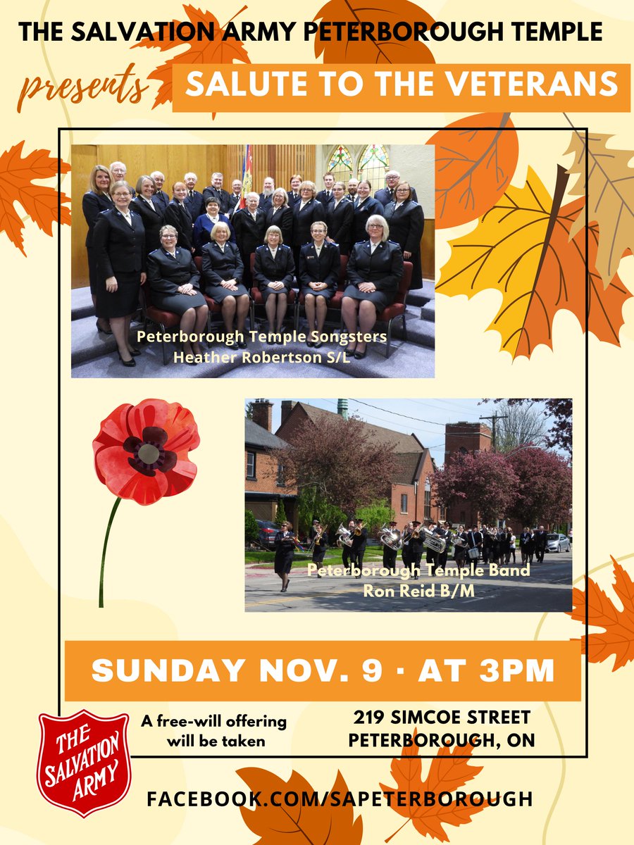 Sunday, Nov 9 @ 3pm. Our Salute to the Veterans programme. <a href="/SAPeterborough/">Ptbo Salvation Army, Peterborough, ON CANADA</a> choir, brass band, along with some wartime vignettes readings.
<a href="/PtboExaminer/">PeterboroughExaminer</a>
<a href="/Ptbo_Canada/">PTBO_CANADA 🇨🇦</a>
<a href="/CHEXNewswatch/">CHEX News on Global Peterborough</a>
#WeWillRememberThem