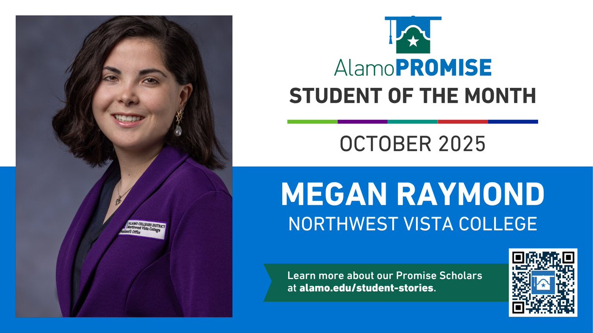 AlamoColleges1's tweet photo. Meet Megan, our October AlamoPROMISE Student of the Month. She balances leadership roles, campus work, family care, and a 3.89 GPA while pursuing her degree at Northwest Vista College. #AlamoPROUD
Learn more about her story: https://t.co/JuTMjhNKe9 https://t.co/9gwKaEDq3g