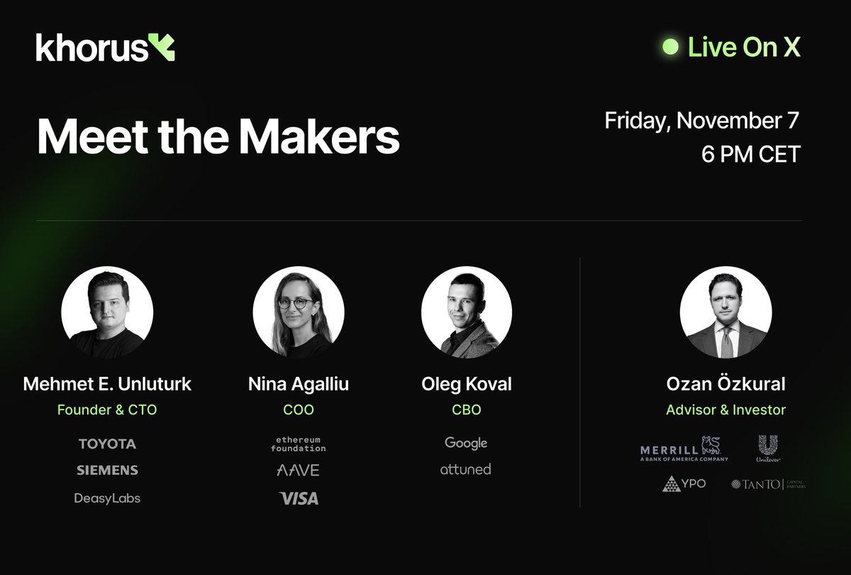 khorusio's tweet image. Khorus X Spaces
November 7th at 6PM CET
We’ll introduce the team and dive into how Khorus powers the next generation of on-chain agents.

With:
@mehmetunlt – Founder &amp;amp; CTO (ex-Toyota, Siemens, DeasyLabs)
@agaliou – COO (ex-Ethereum Foundation, AAVE, Visa)
@Jackhitsback – CBO…