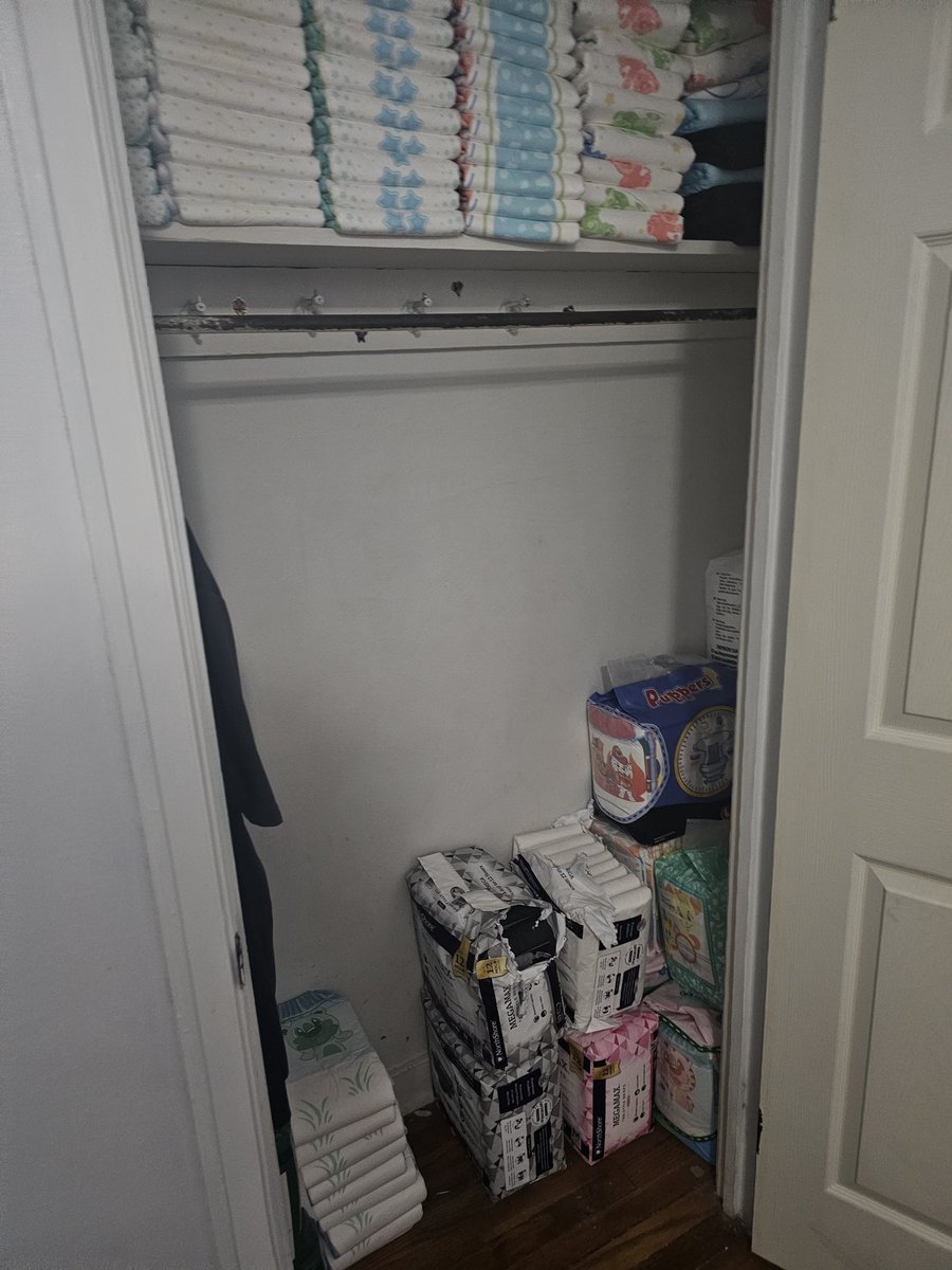 Bedroom and basement diaper closets organized, over 600 diapers total.