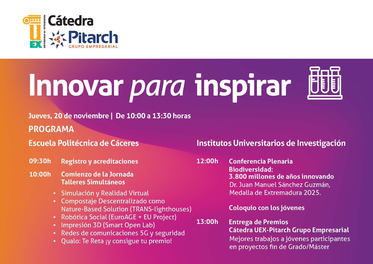 📢Vuelven las jornadas  𝐈𝐧𝐧𝐨𝐯𝐚𝐫 𝐩𝐚𝐫𝐚 𝐢𝐧𝐬𝐩𝐢𝐫𝐚𝐫 de la Cátedra UEx-Pitarch el 20 de noviembre en Cáceres.

🔧 Talleres científico-tecnológicos para estudiantes de secundaria, bachillerato y FP
✍goo.su/pbDMMX8

Y aún hay más ⏬