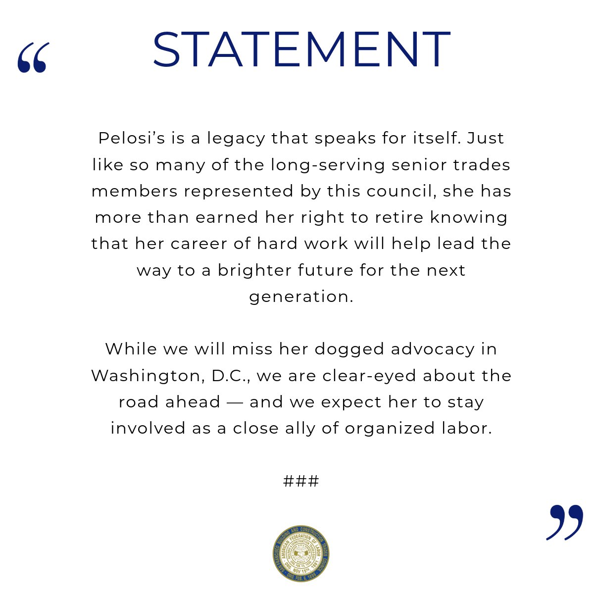 Statement From the San Francisco Building and Construction Trades Council, AFL–CIO, on the Retirement of Speaker Emerita Nancy Pelosi <a href="/TeamPelosi/">Nancy Pelosi</a> <a href="/NABTU/">The Building Trades</a> <a href="/AFLCIO/">AFL-CIO ✊</a>