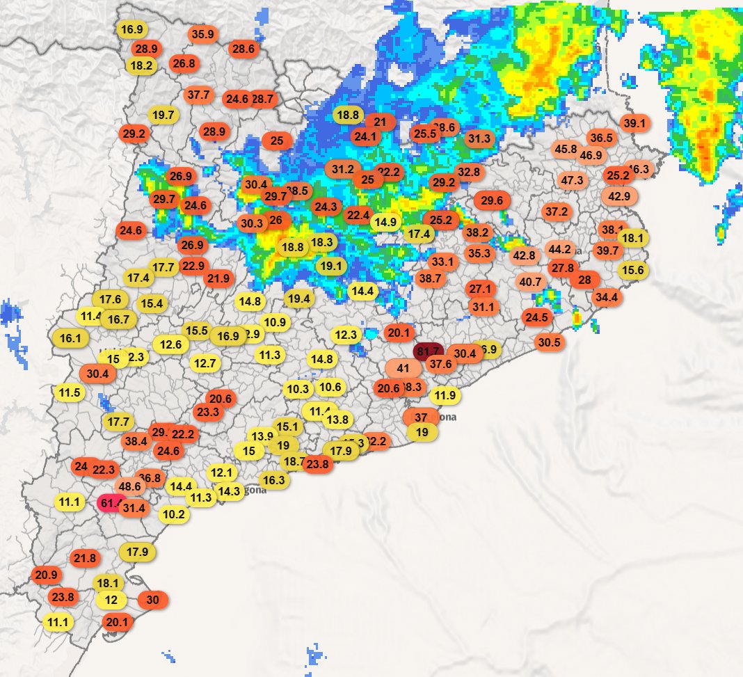 🗺️ Aquí teniu el mapa amb els registres més destacats de l'episodi d'avui fins ara. 

📡 Al radar es veu que encara continua plovent en alguns indrets.

Registres destacats:
💧 Caldes de Montbui - 81,7 mm
💧 Benissanet - 61,4 mm
💧 Navata - 43,7 mm

#Projecte4Estacions