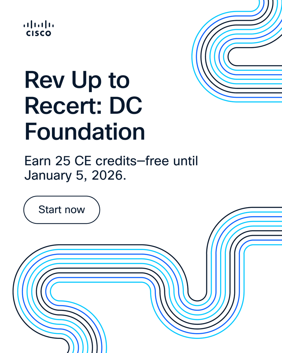 LearningatCisco's tweet image. NEW: Rev Up to Recert: Data Center Foundations 🚀

Understanding Cisco Data Center Foundations | DCFNDU Learning Path (25 CEs) is FREE UNTIL JANUARY 5, 2026!

🕓 33h 16m
📄 19 Courses
⚙️ 16 Labs
🔁 25 CE Credits

Get started now in Cisco U. Free: cs.co/60167Oyi6