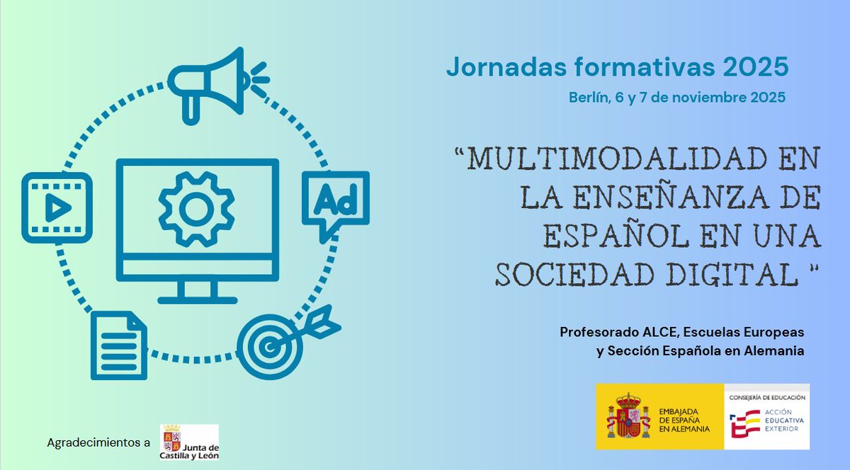 LearnCyL's tweet image. @jcyl  apoya las #JornadasFormativas2025 organizadas por @edu_deu  en Berlín “Multimodalidad en la enseñanza de español en una sociedad digital”
Un paso más hacia la innovación educativa y la formación docente.
#espanolparatodos @EmbEspAlemania | @educaciongob