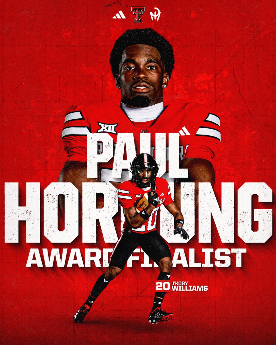 TexasTechFB's tweet photo. J'Koby Williams has been named 1 of 6 finalists for the Paul Hornung Award, honoring college football's most versatile player ⚡️ https://t.co/rR2BqKn55G