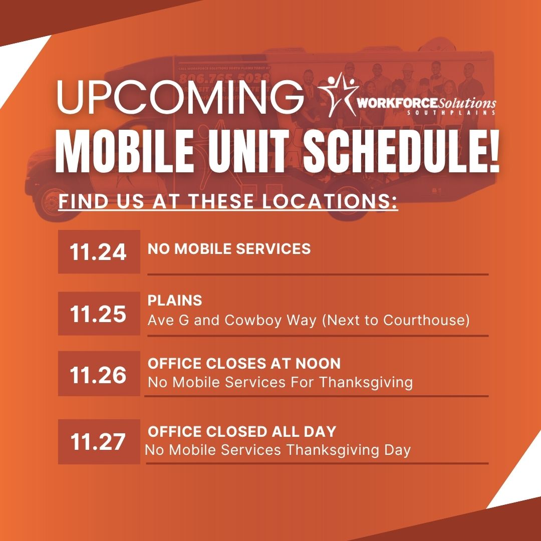 WorkforceSP's tweet image. The #WorkforceSolutionsSouthPlains Mobile Unit is here to bring career support &amp;amp; employment services directly to your community.

Stop by our Mobile Unit when we’re in your area to access free career resources designed to help you succeed.
#CareerHelp #JobSearch #ThanksgivingWeek