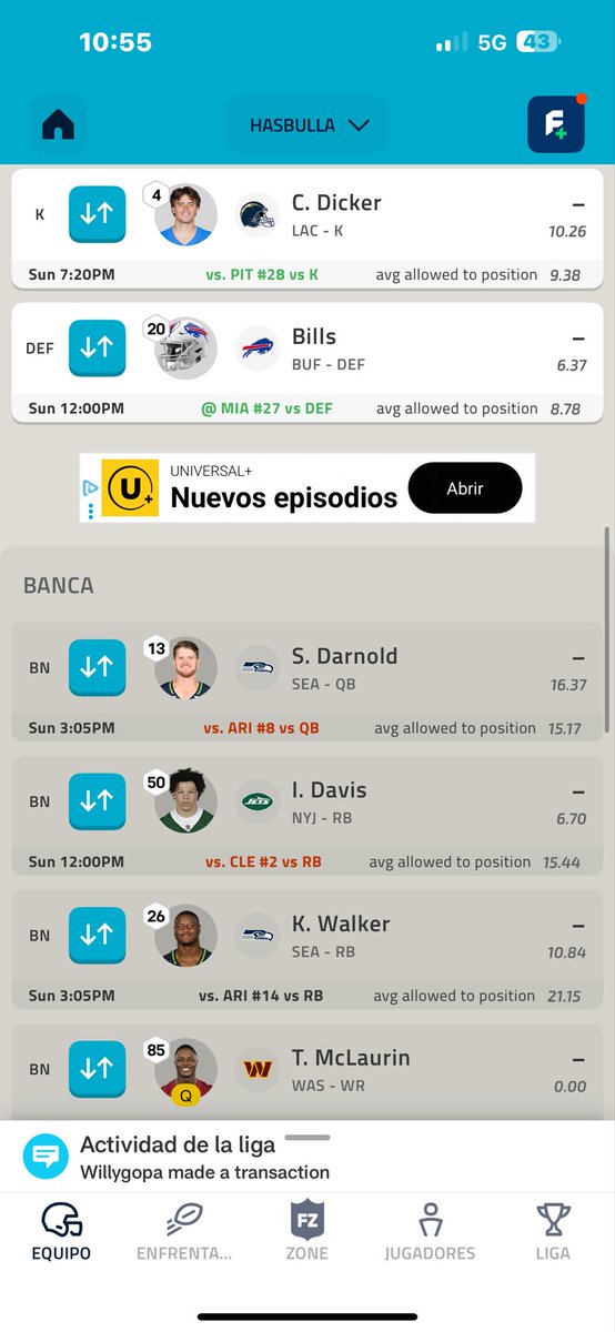 Ferashby's tweet photo. @NFLFantasyEsp @MGutierrezNFL @littlecaesarsmx Hola Mau! Me ayudarías a ver si harías algún cambio o dejarías así la alineación? #helpmeobimau https://t.co/8uU9FAvNUm