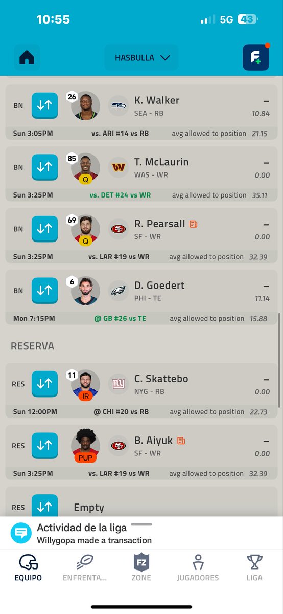 Ferashby's tweet photo. @NFLFantasyEsp @MGutierrezNFL @littlecaesarsmx Hola Mau! Me ayudarías a ver si harías algún cambio o dejarías así la alineación? #helpmeobimau https://t.co/8uU9FAvNUm