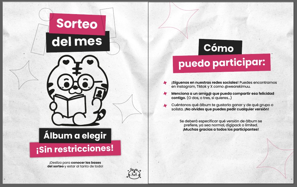 WeAreKimuu's tweet photo. ¡NUEVO SORTEO!  

Nos hace muchísima ilusión Noviembre, mes en el que vamos a tener nuestras primeras colaboraciones en eventos!
Para celebrarlo, vamos a sortear un álbum a elegir sin restricciones* 

🍝REQUISITOS PARA PARTICIPAR🍝
- Seguirnos en X 
- Dar RT a esta publicación 
- Mencionar a un amig@ y decirnos qué álbum escogerías en caso de que ganaras. Podrás cambiarlo más adelante si quieres😏

¡Recuerda que puedes conseguir más oportunidades en nuestro Instagram! 

Muchas gracias a todos por participar   

https://t.co/YDEXrfvUYW

Improving the K-Pop experience 📷 📷 📷✨