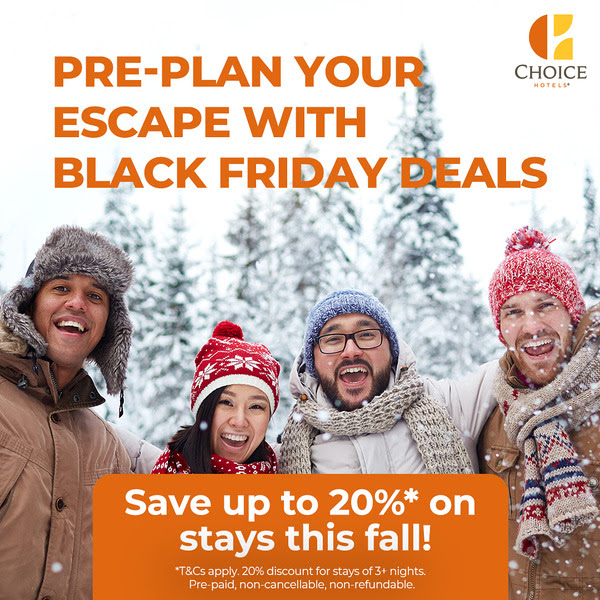 Book between November 13 - December 7, 2025 and save up to 20%* at participating locations in Canada when you stay before March 31, 2026. Book now! choicehotels.com/en-ca/deals/wi…

*T&amp;Cs apply. 20% discount for stays of 3+ nights. Pre-paid, non-cancellable, non-refundable.