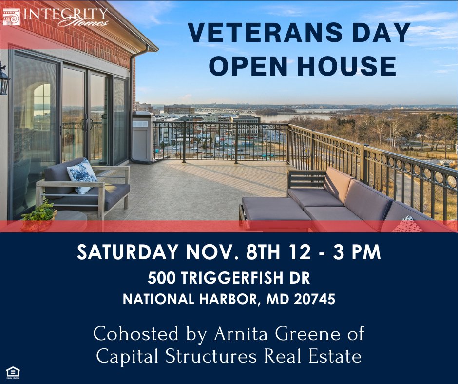 Veterans Day Open House at Potomac Overlook!
Join us this Saturday, November 8th from 12–3 PM as we honor our Veterans with a special open house co-hosted by Arnita Greene of Capital Structures Real Estate.

Tour our beautifully decorated luxury townhome models, enjoy delicious