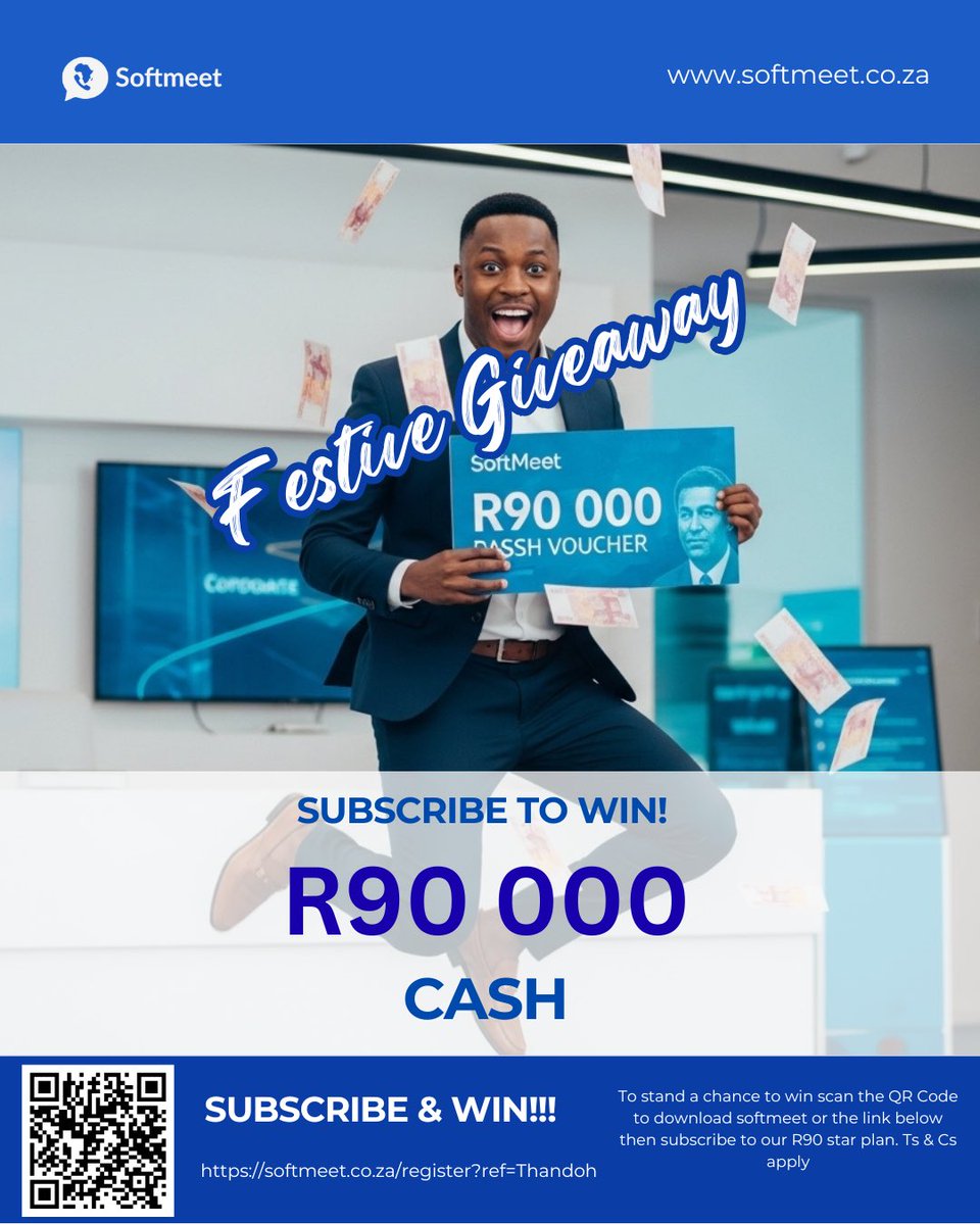 SofttechzT's tweet photo. Chance to WIN R90 000 CASH in SoftMeet’s Festive Giveaway! 
Scan the QR code or click https://t.co/7HYlOIgBg1 to download SoftMeet &amp; subscribe to the R90 star plan. Ts &amp; Cs apply! 
Get in to win big!
 #SoftMeet #FestiveGiveaway #fypシ #win https://t.co/DISOhorNKR