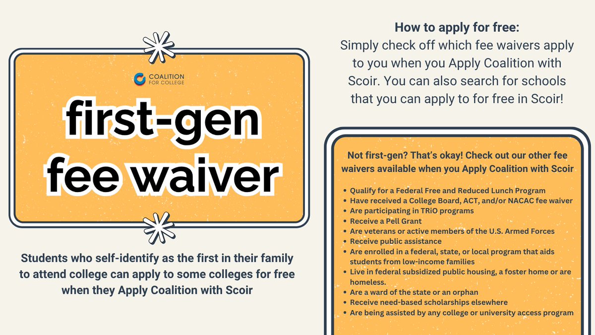 First-gen students (among others!) can apply to colleges for free through Apply Coalition with <a href="/ScoirInc/">Scoir</a>. 🚀🤑

Students can create a Scoir account here: ow.ly/L7ua50TCqu4
