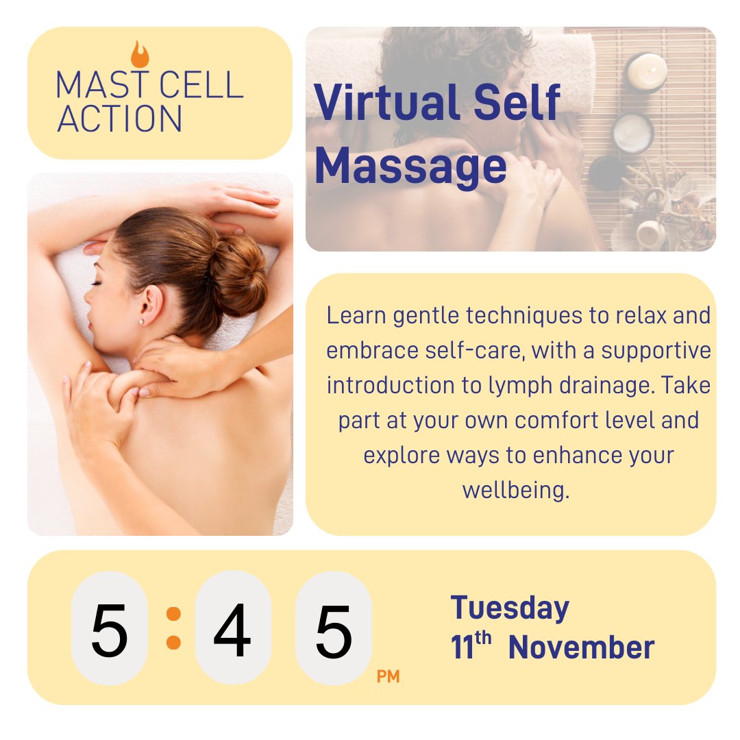 Join Ellen from Flexback's Virtual Massage session on Tues 11 November, 5.45pm. mastcellaction.beaconforms.com/form/6770065c
Come along, meet Ellen, and learn some self-massage techniques to help you relax and spend some time thinking about self-care.