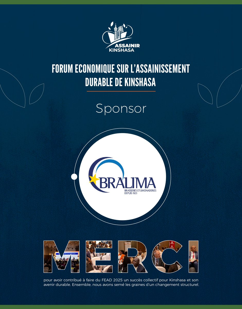 Assainir_Kin's tweet photo. L’Équipe d’Organisation du Forum Économique sur l’Assainissement Durable (FEAD 2025) remercie chaleureusement BRALIMA, sponsor de cette édition, pour son engagement concret en faveur d’un développement urbain responsable et durable à Kinshasa.

À travers sa politique « Brasser un monde meilleur » et ses initiatives Zéro Déchet, notamment la promotion du système de bouteilles retournables, BRALIMA démontre qu’une industrie peut conjuguer performance économique et responsabilité environnementale. 

Ensemble, nous bâtissons une ville plus propre, plus résiliente et tournée vers l'avenir.

#Prosperité #Peuple #Planète #AssainirKinshasa #KinEzoBonga